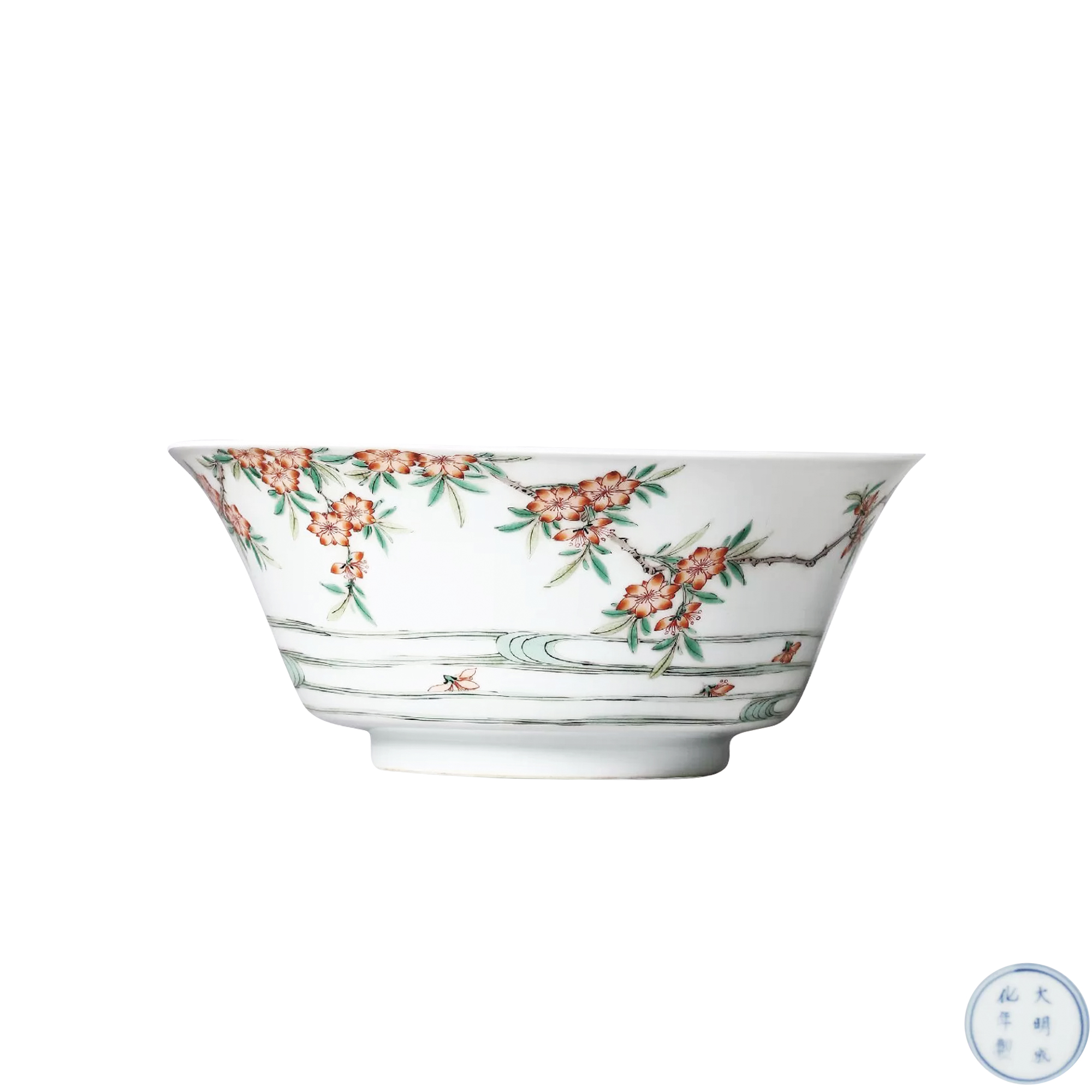 五彩桃花流水紋碗