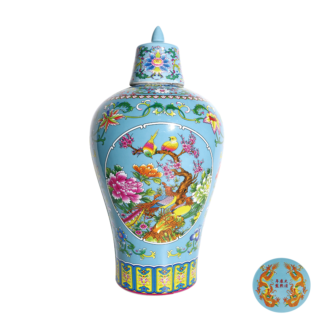 琺瑯彩開光花鳥紋帶蓋梅瓶