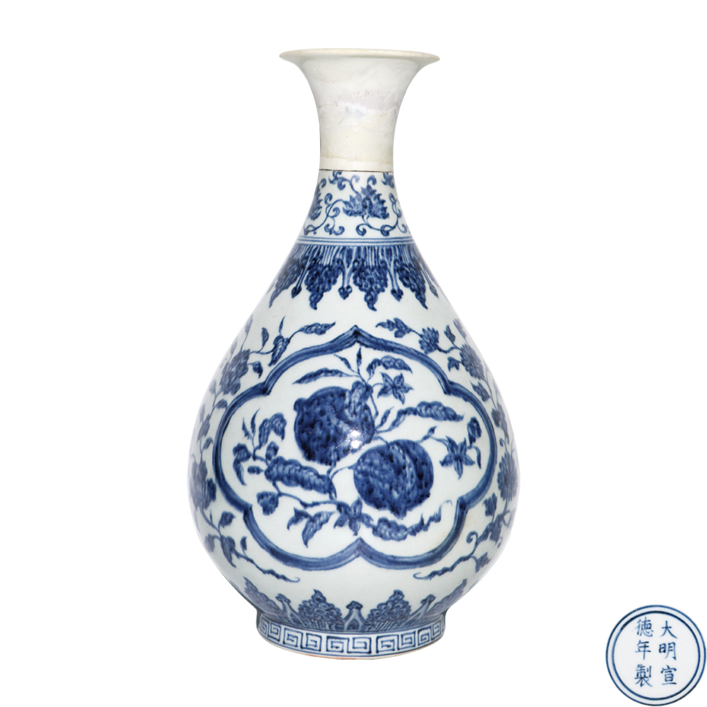 青花開光花果紋玉壺春瓶（鋸頸）
