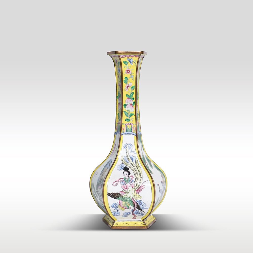 銅胎畫琺瑯山水仕女圖六方長頸瓶