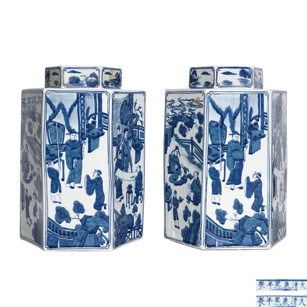 青花人物紀事六角茶葉罐（二件）