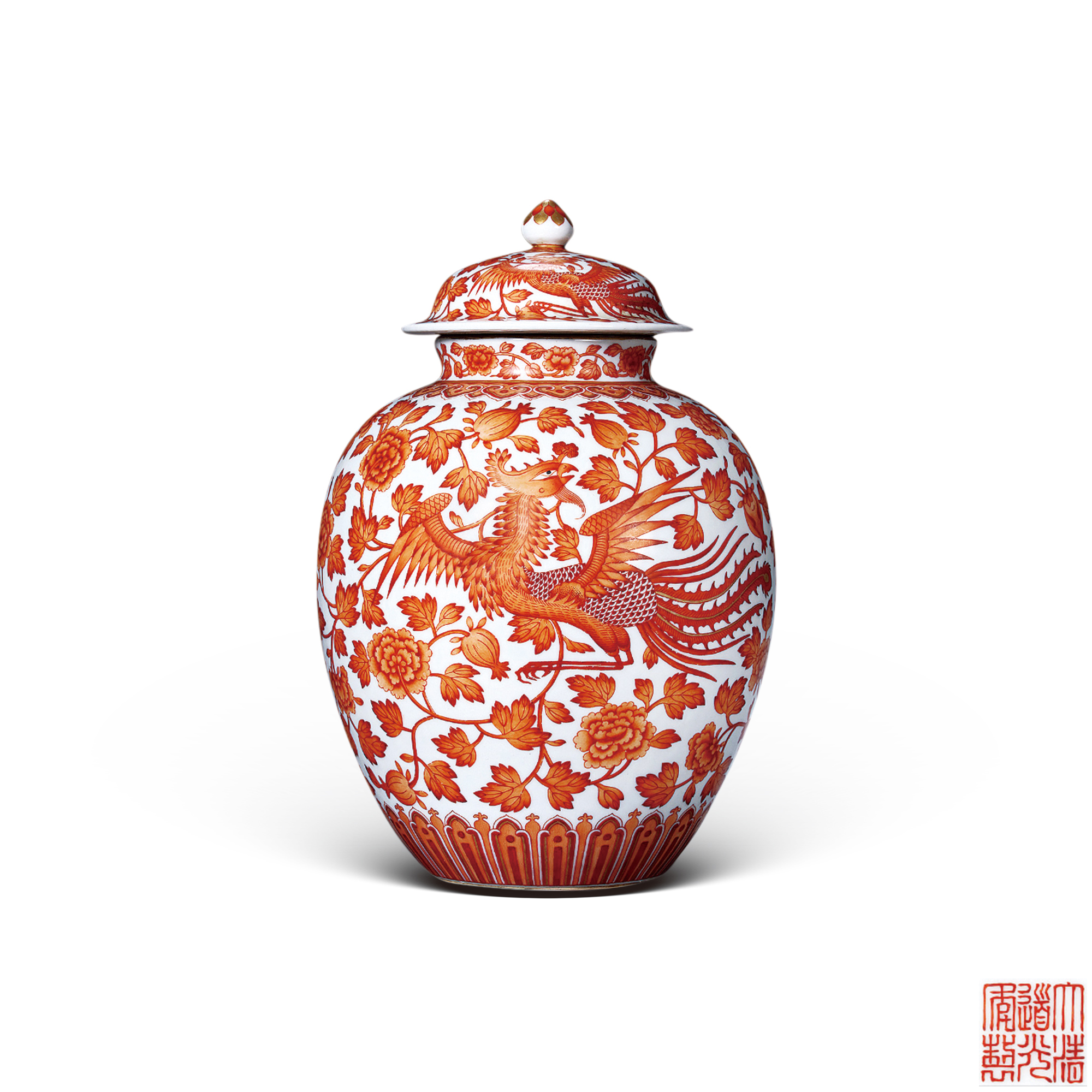 礬紅龍鳳穿花紋蓋罐