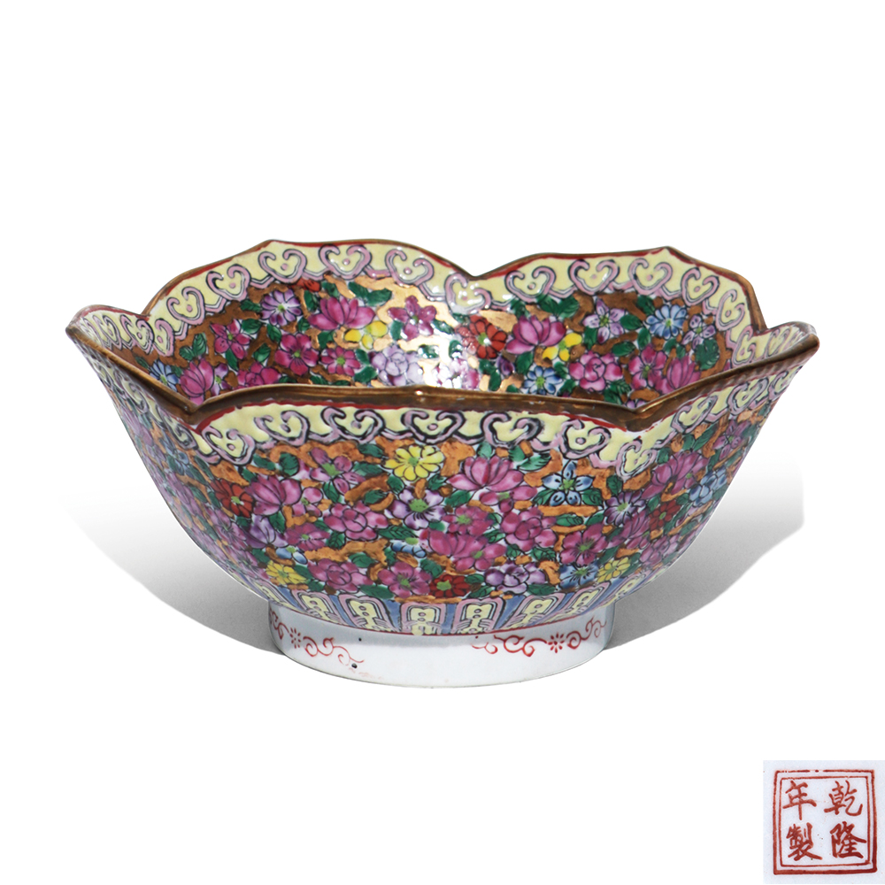 百花不落地描金葵口碗