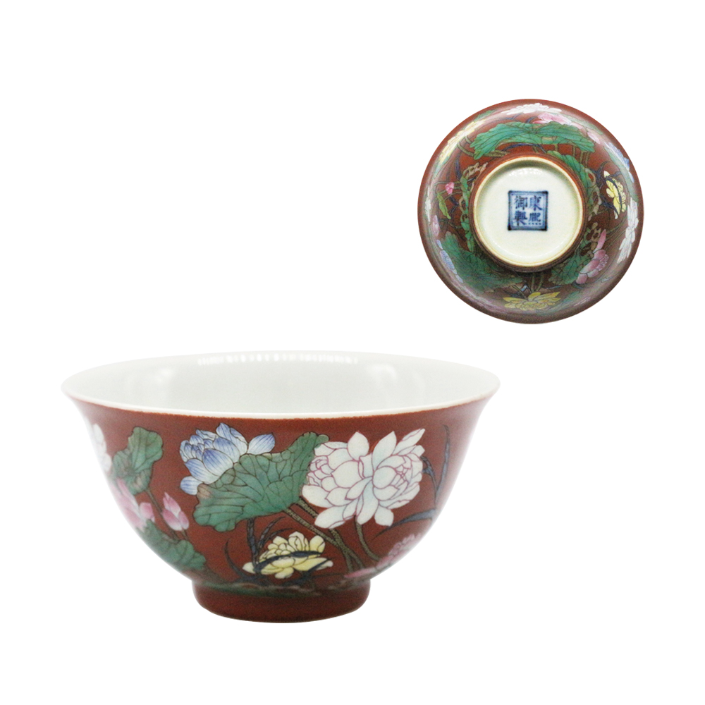 清康熙珐琅彩红地四季花卉纹碗