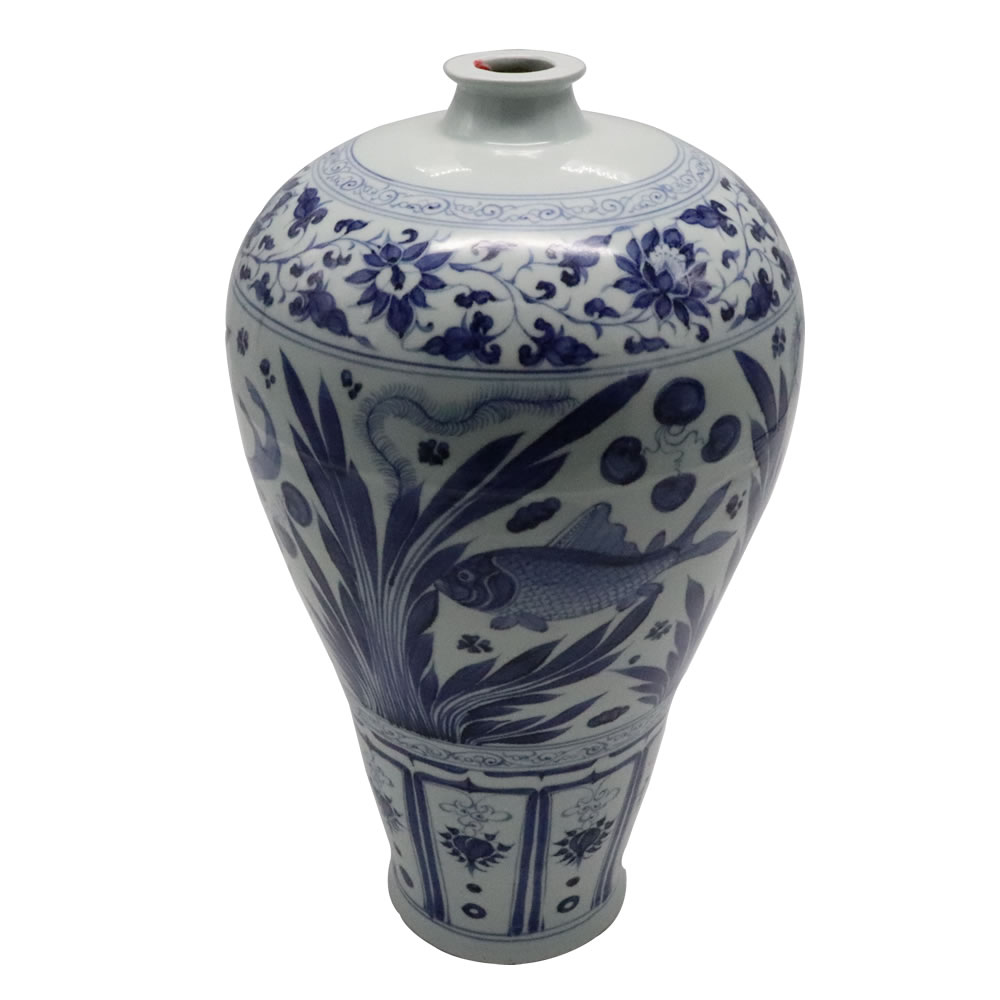 【送料無料/新品】 元青花鱼藻纹梅瓶 施釉陶