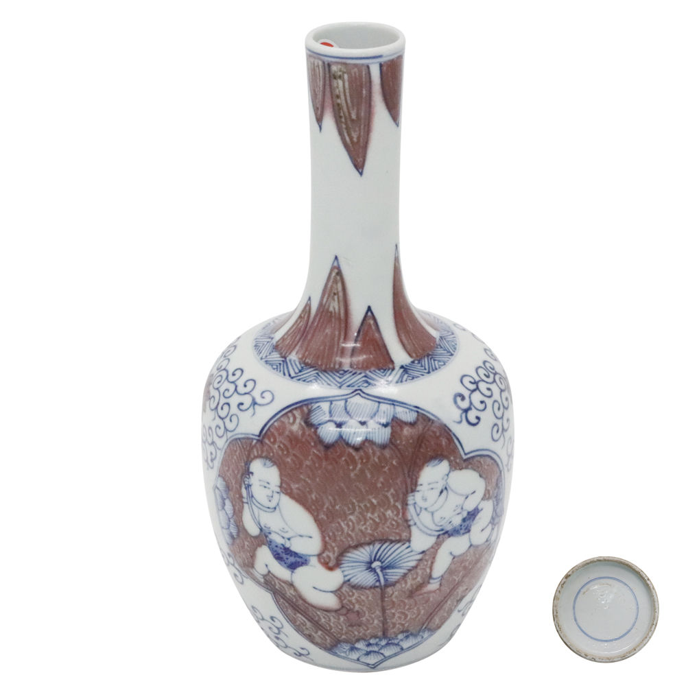清早期青花釉里红婴戏图摇铃尊