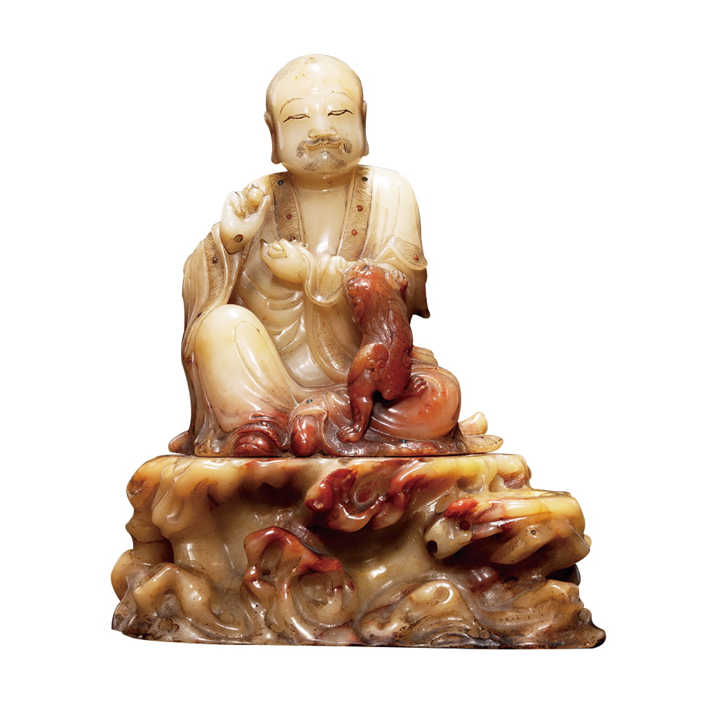芙蓉石雕羅漢戲獅坐像