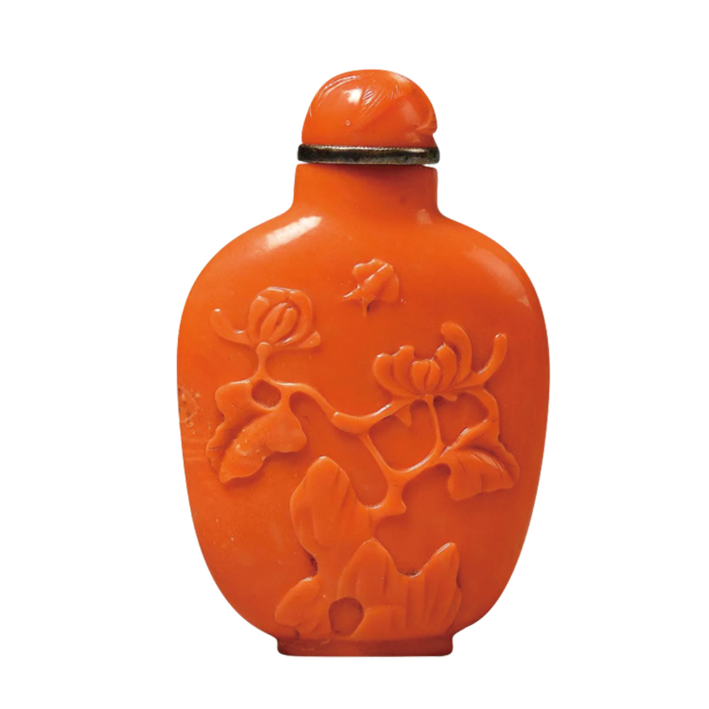 紅珊瑚雕花卉鼻煙壺