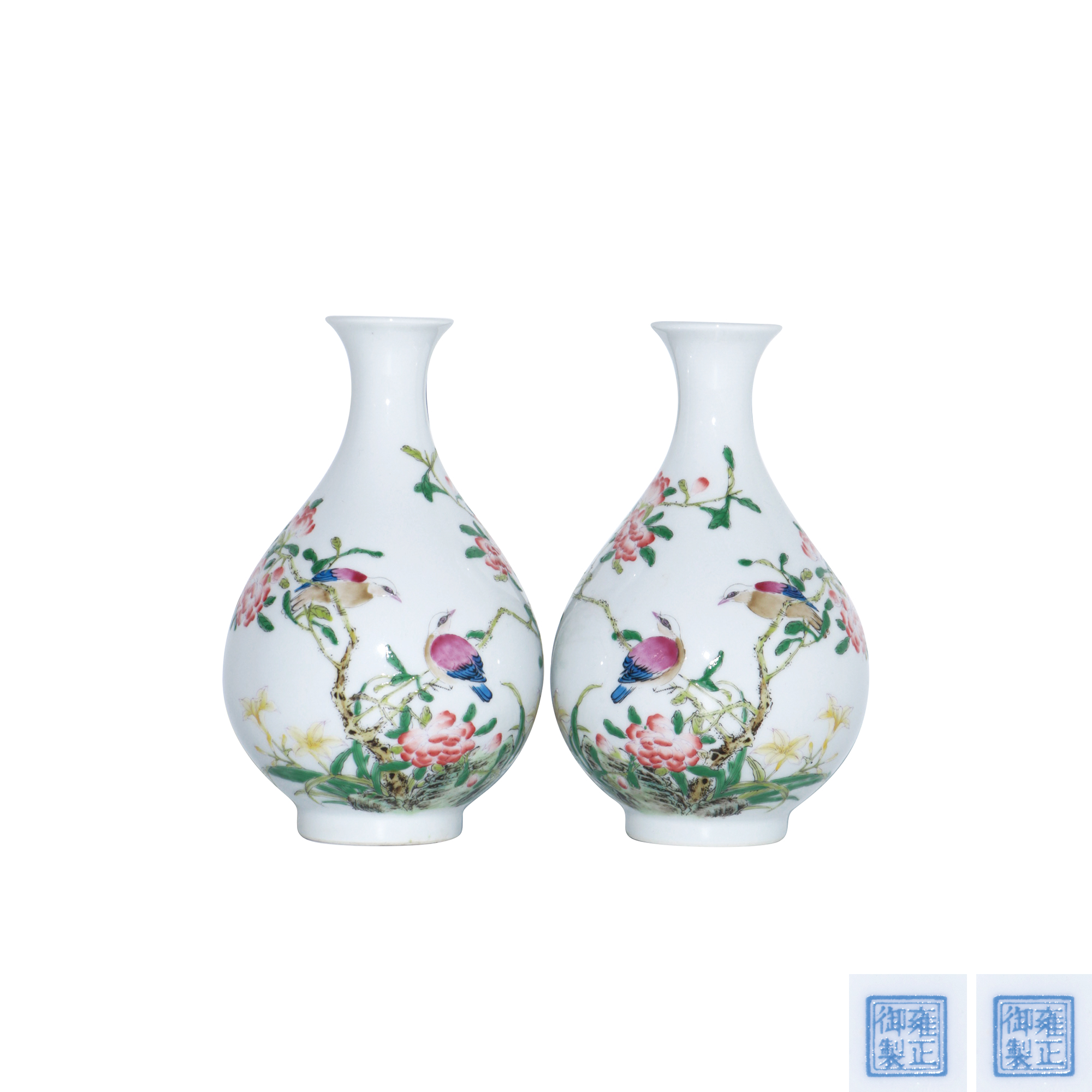 粉彩花鳥紋玉壺春瓶（二件）