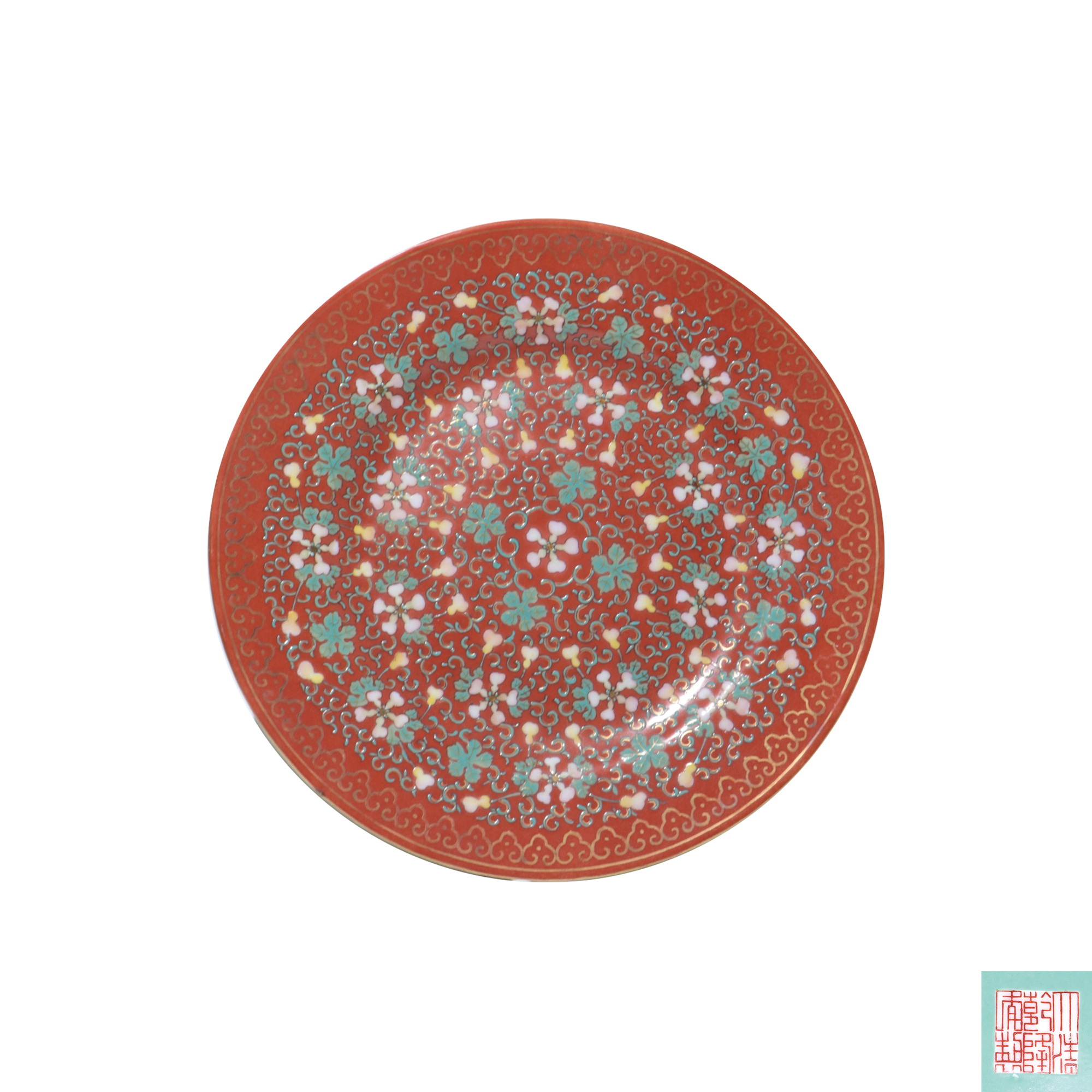 清乾隆 砝瑯彩十二花神四季開光紅地描金纏枝軋道萬壽盤