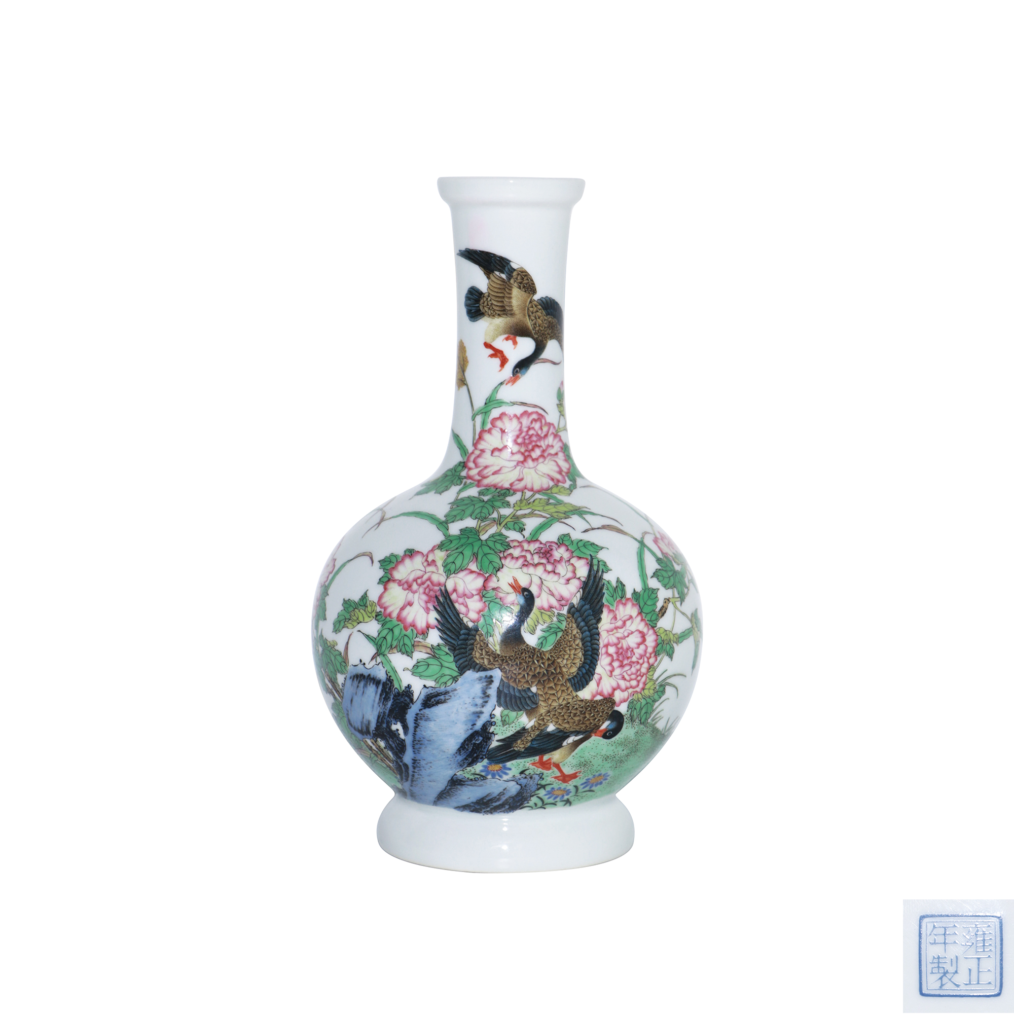 琺琅彩花鳥題詩紋紙槌瓶