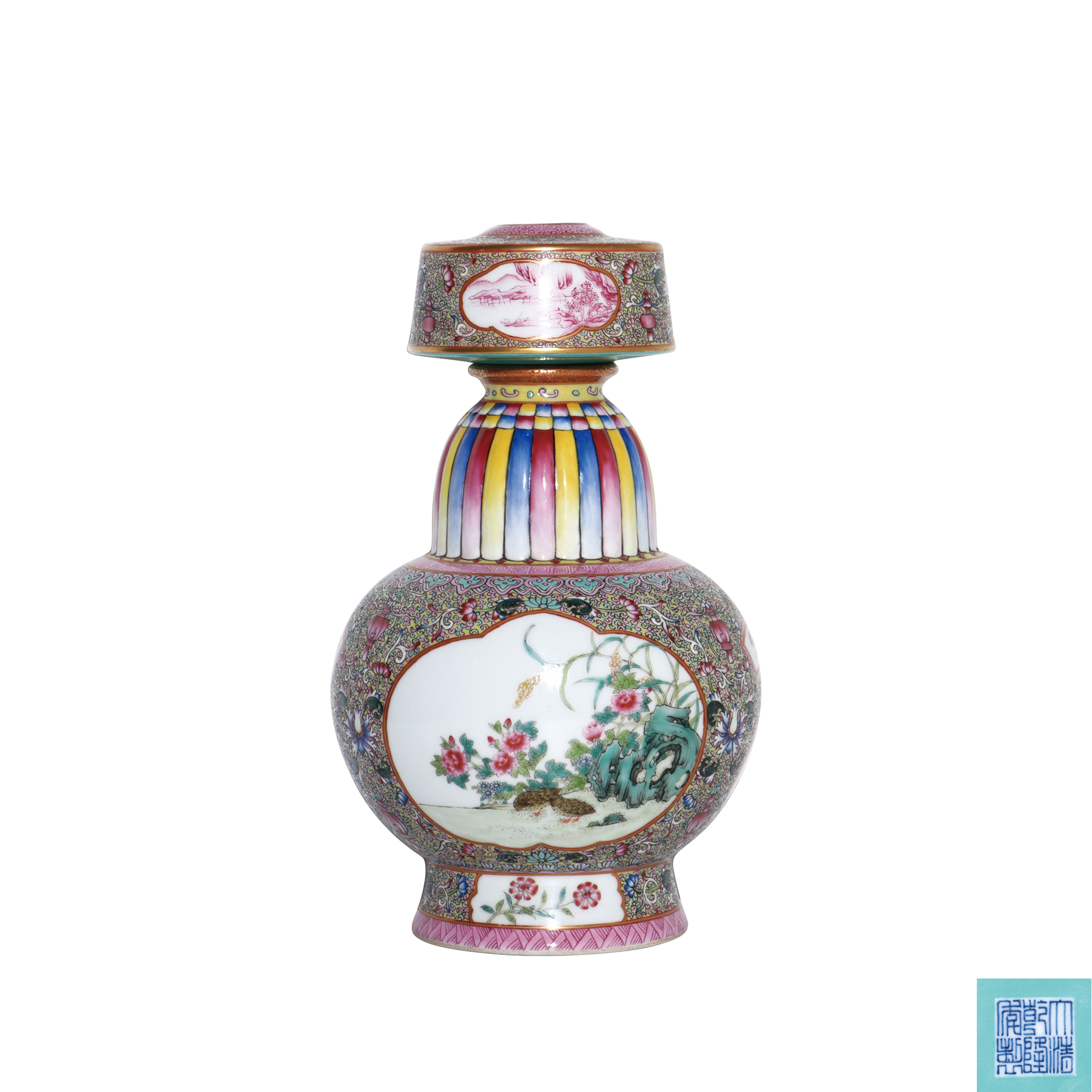 胭脂紫地粉彩粉彩開光花鳥紋賁巴壺