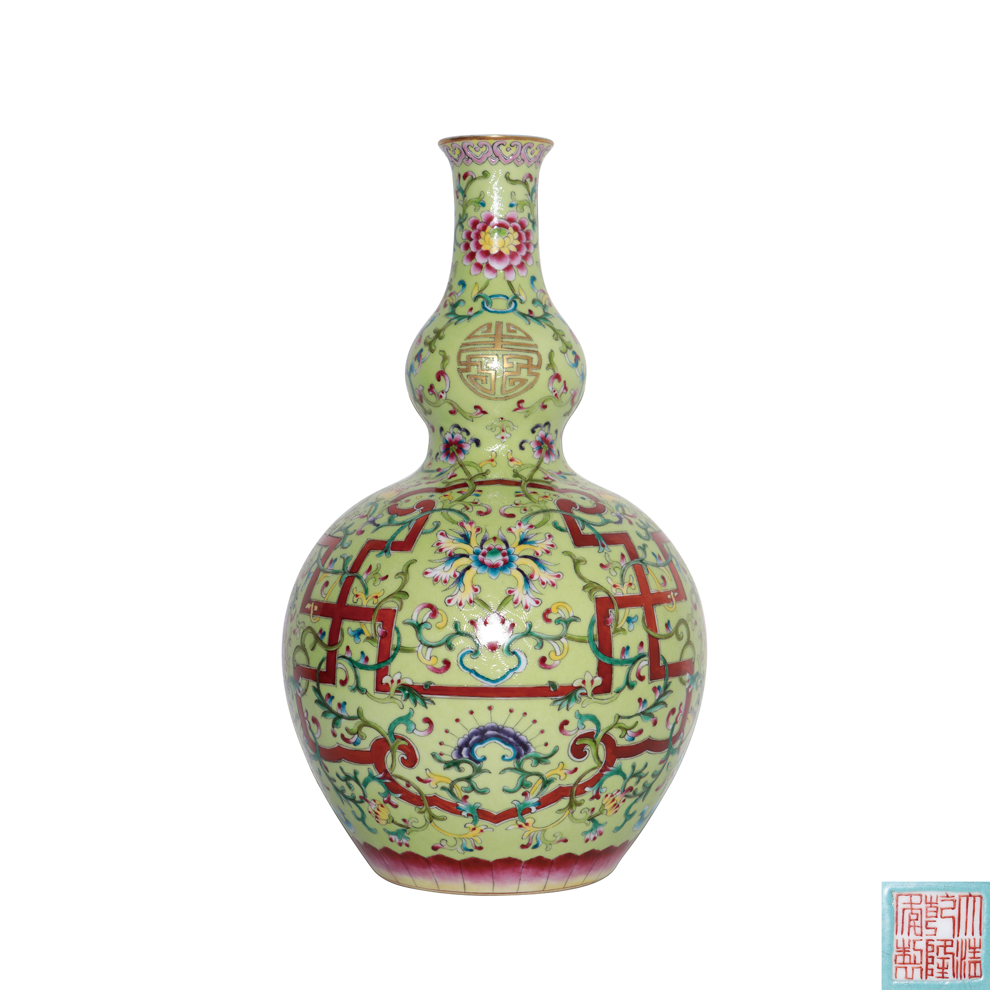 清乾隆壓倒綠釉洋彩描金葫蘆腕帶葫蘆瓶