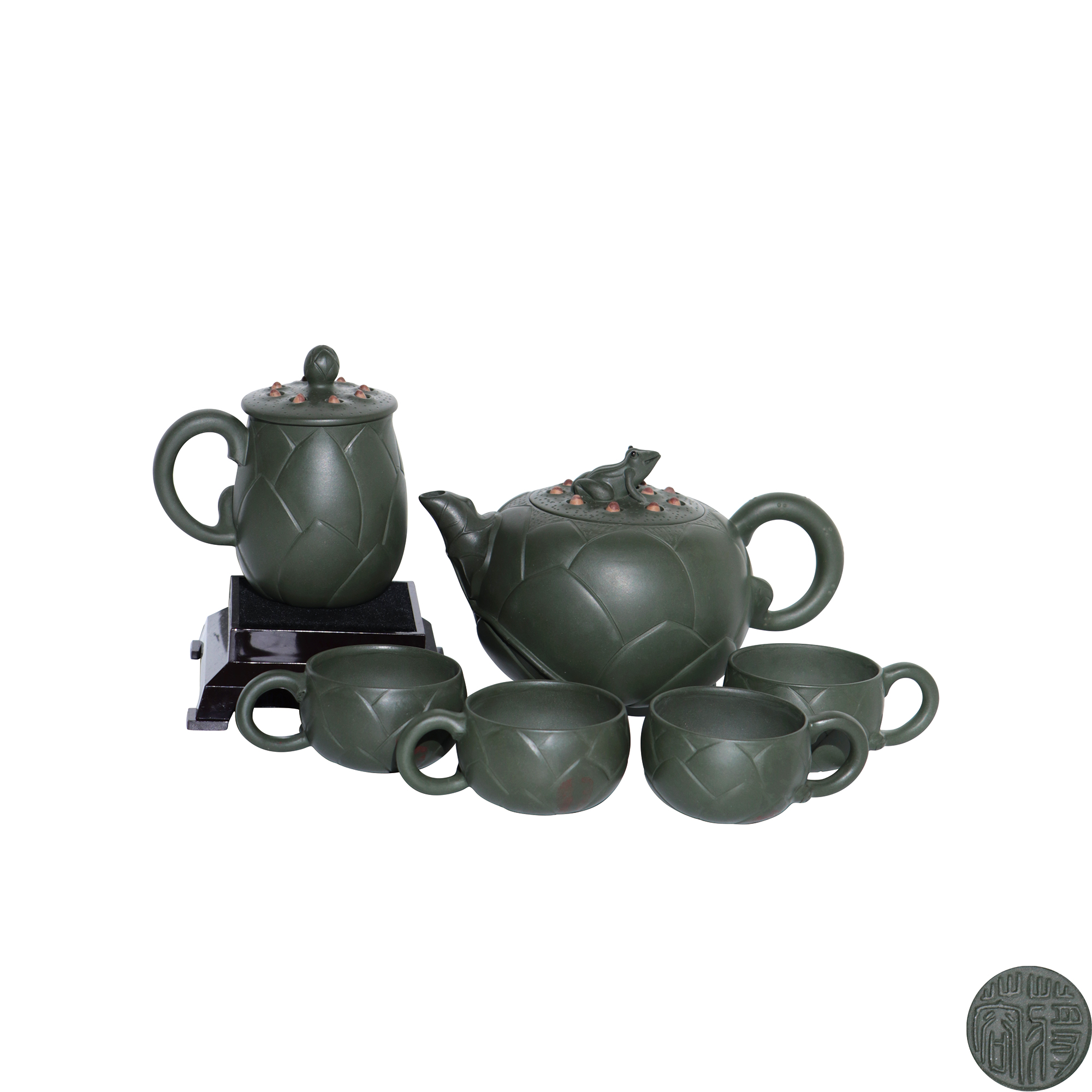 綠泥青蛙蓮子茶壺（一套六件）