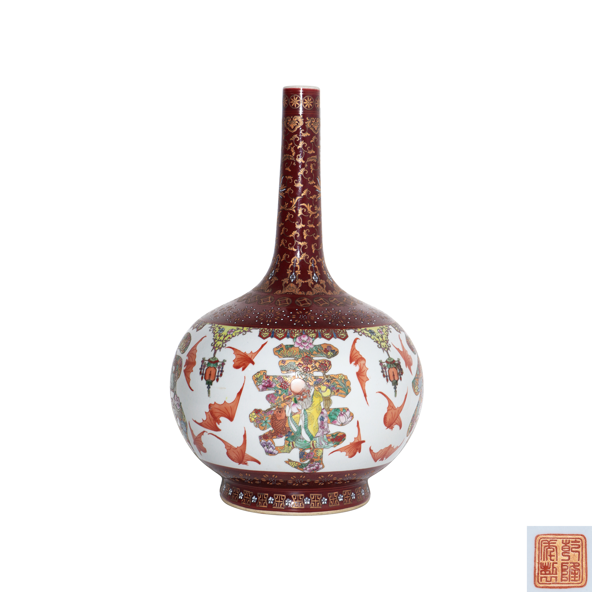 清乾隆粉彩描金福壽紋長徑膽瓶