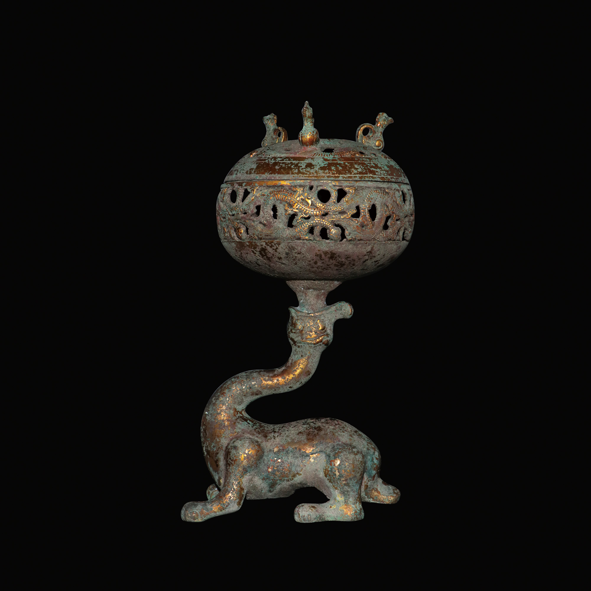 鎏金龍紋鏤空瑞獸座青銅豆