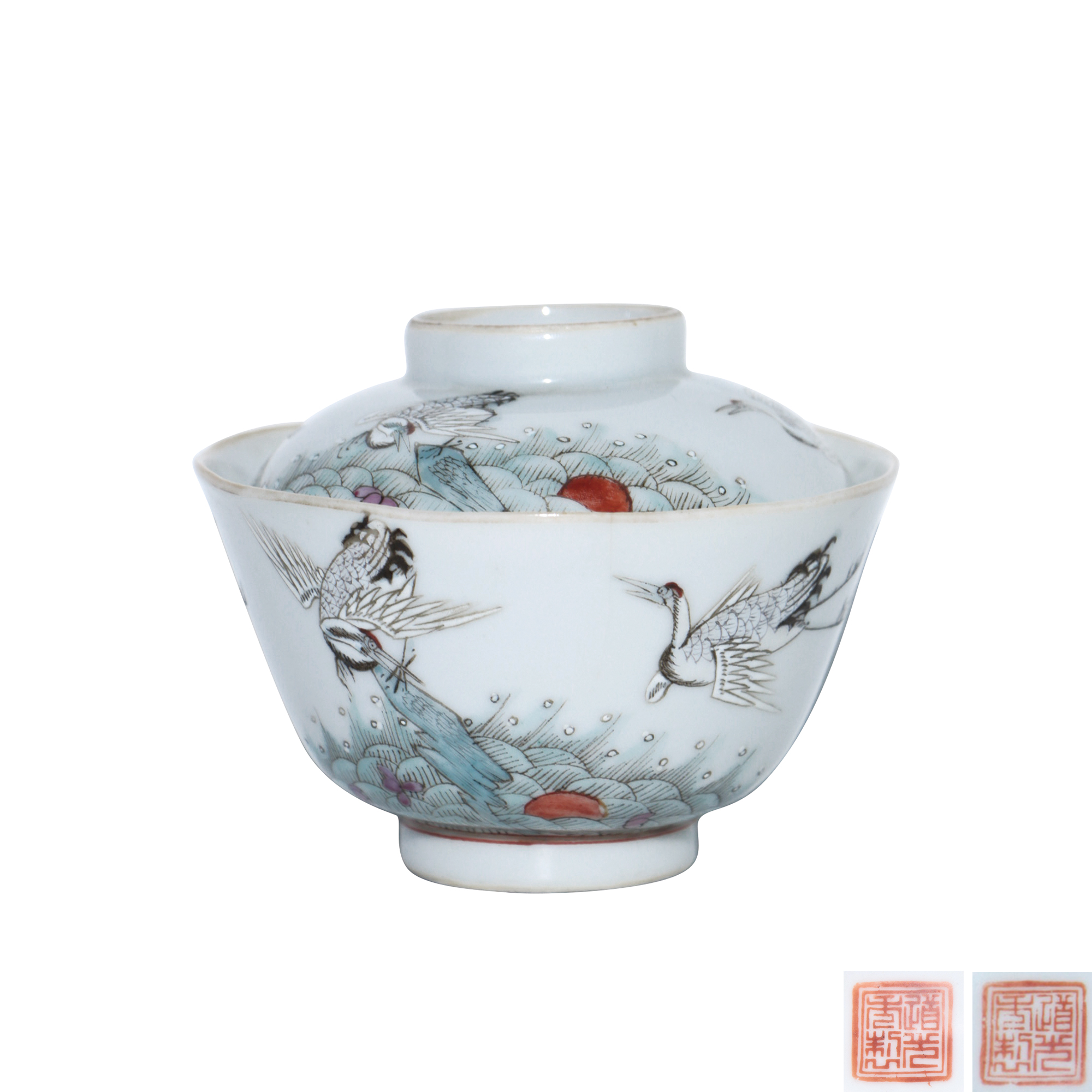 清道光粉彩描金仙鶴麟波紋茶盞一套