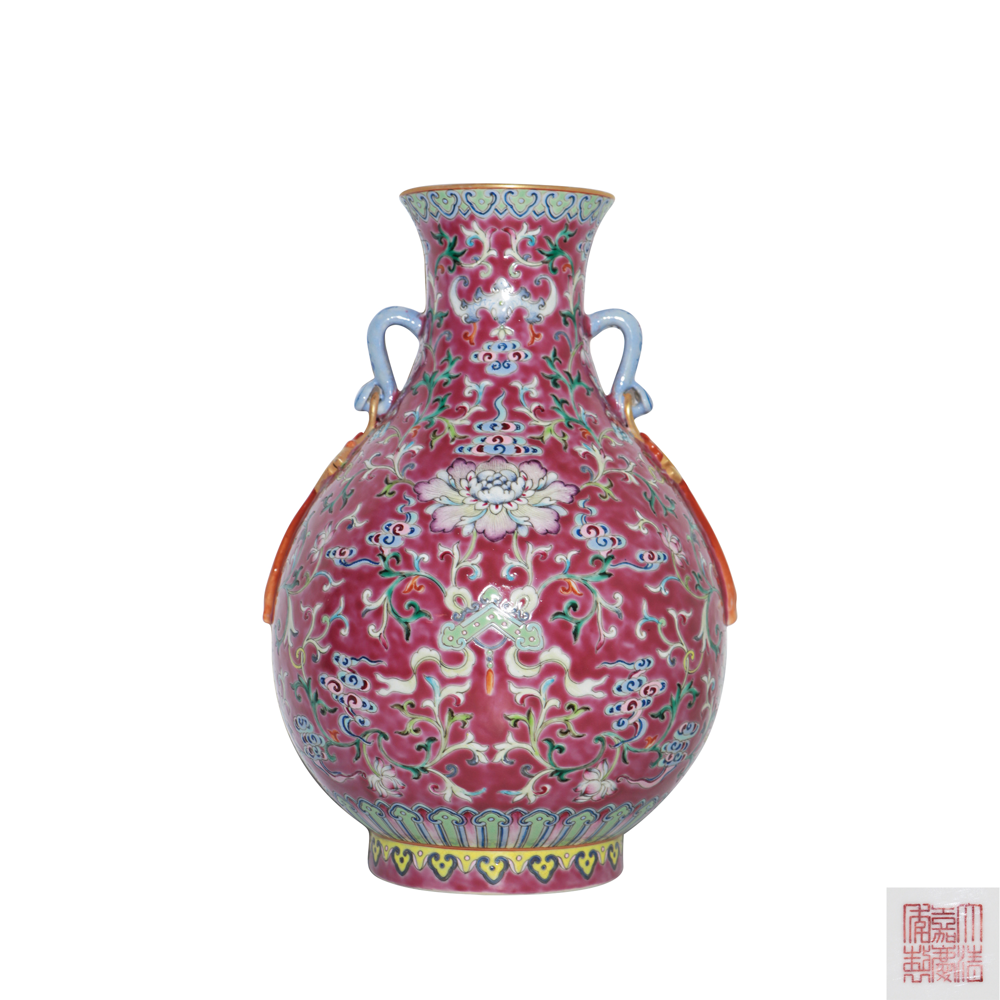 清嘉慶紅地粉彩描金花卉紋如意耳尊
