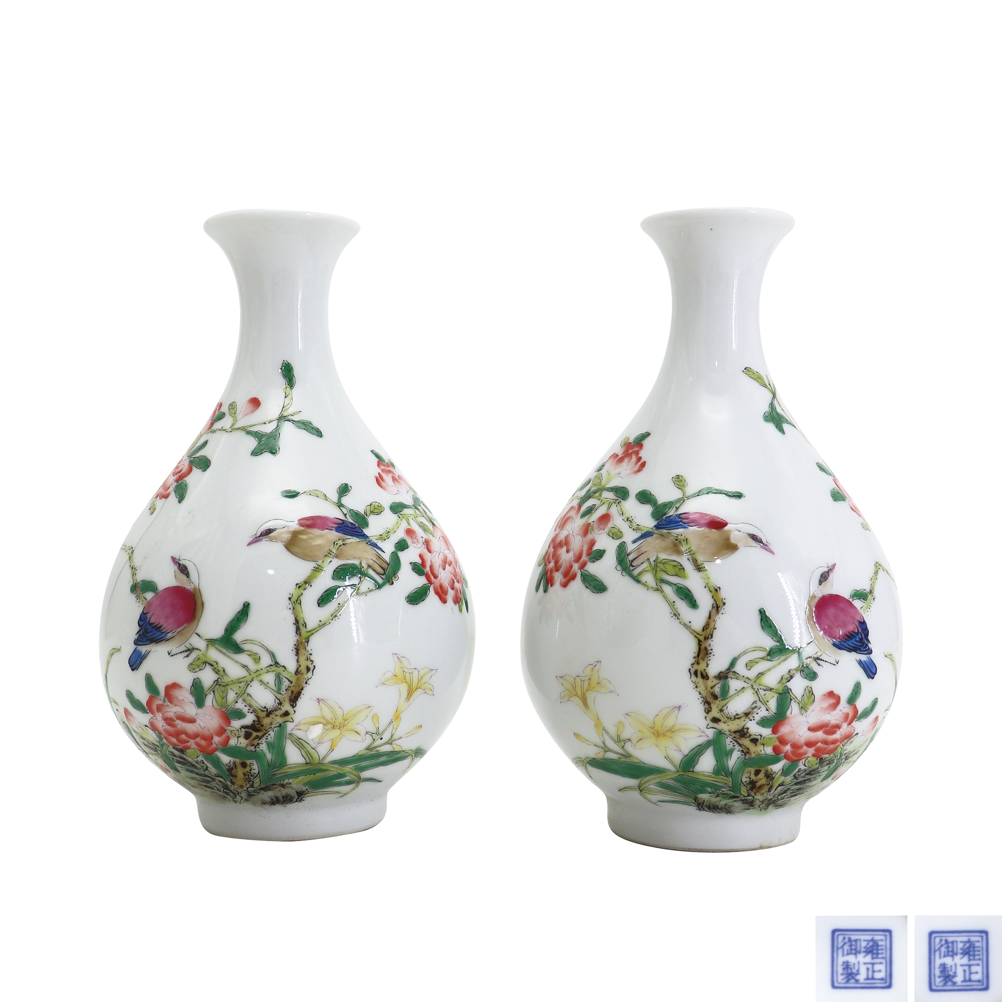 粉彩花鳥紋玉壺春瓶（二件）