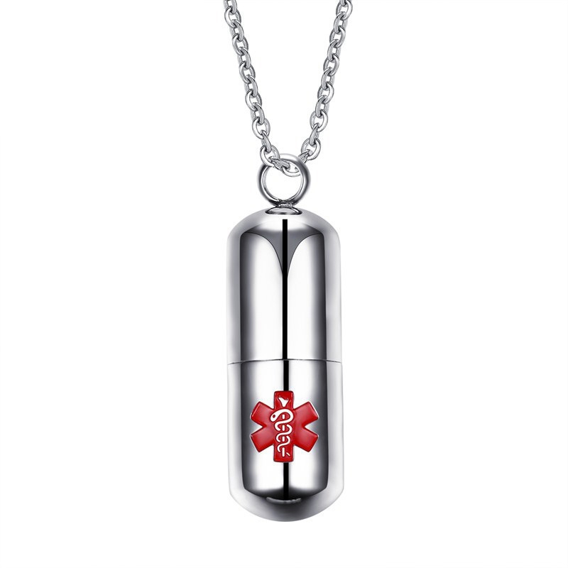 MECYLIFE Stainless Steel Capsule Pendant Necklace with Medical ID Symbol