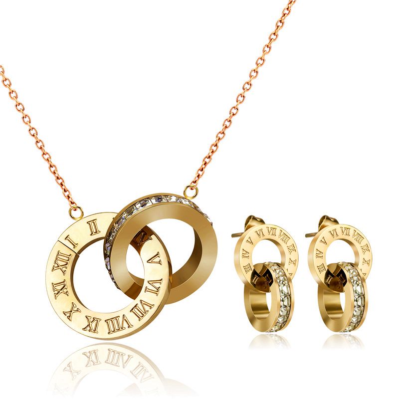 MECYLIFE Interlocking Zircon Roman Numerals Necklace And Earring Set