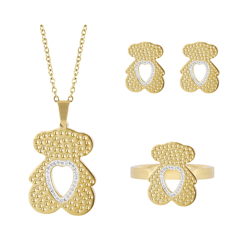 MECYLIFE Cute Zirconia Bear Necklace Earrings Ring Set Stainless Steel Tous Jewelry