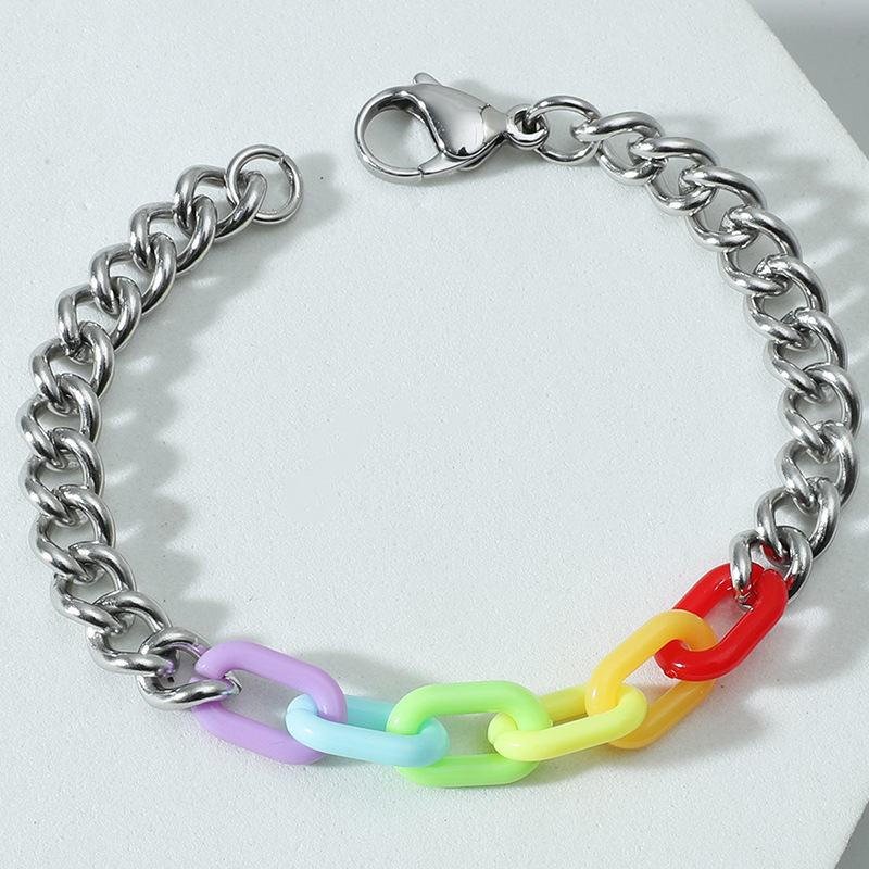 MECYLIFE Stainless Steel Cuban Chain Puzzle Rainbow Resin Chain Bracelet