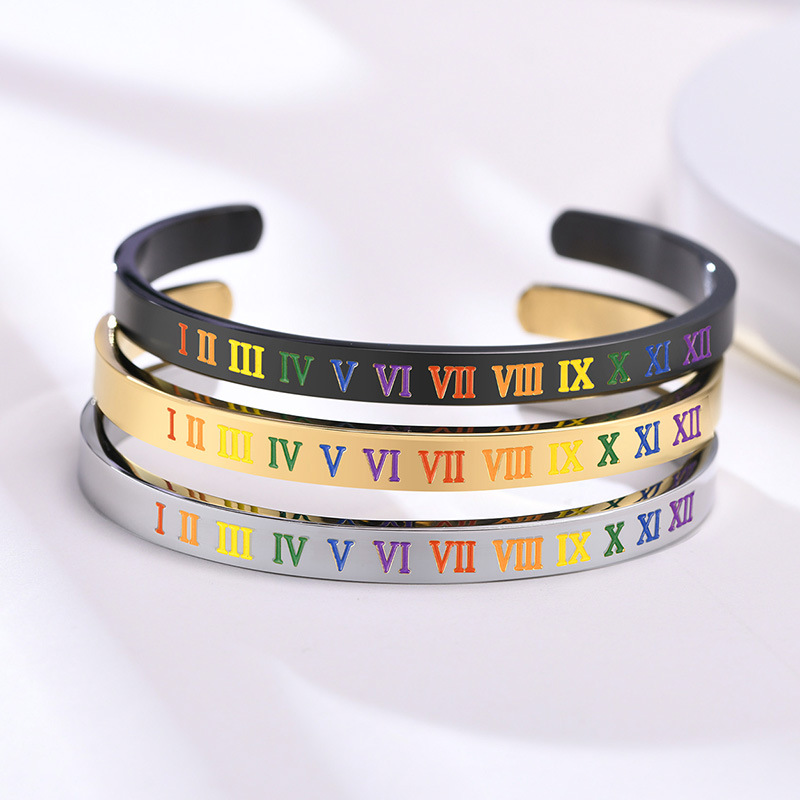 MECYLIFE Stainless Steel C Shaped Bangle Rainbow Roman Numerals Words Bracelet