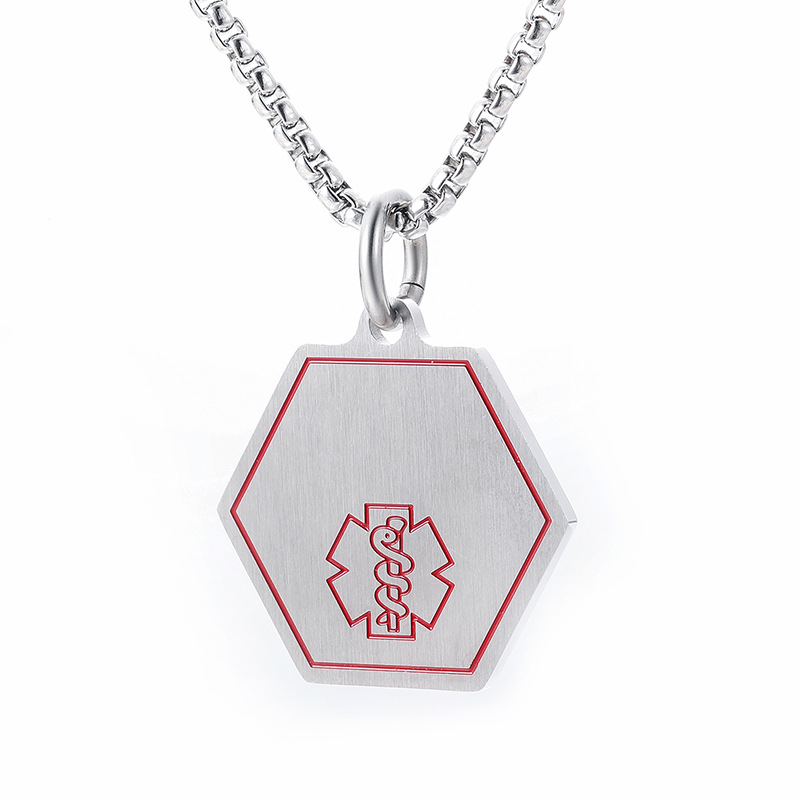 MECYLIFE Brushed Hexagon Pendant Medical ID Alert Necklace