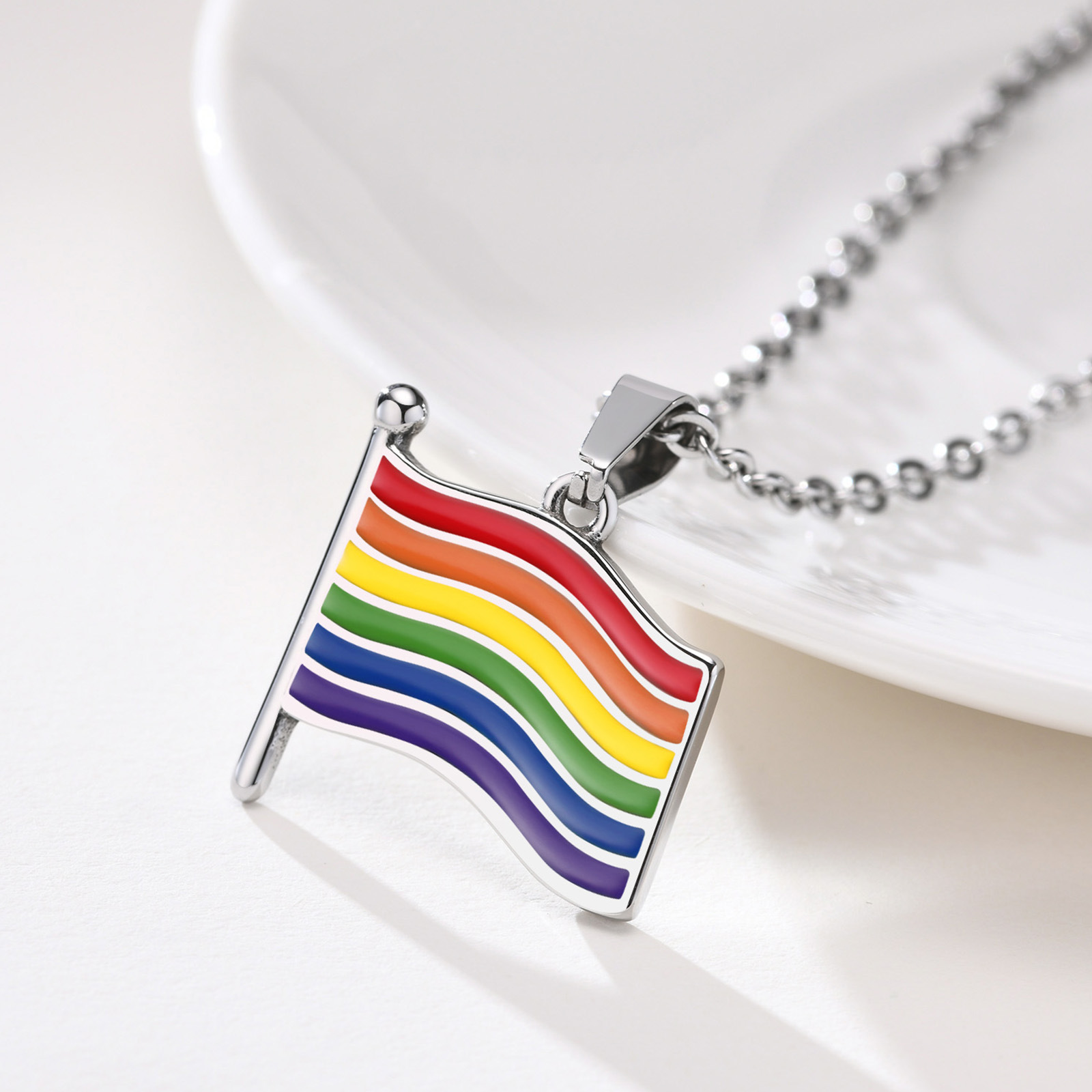 MECYLIFE Stainless Steel Flag Rainbow Gay Pendant Necklace