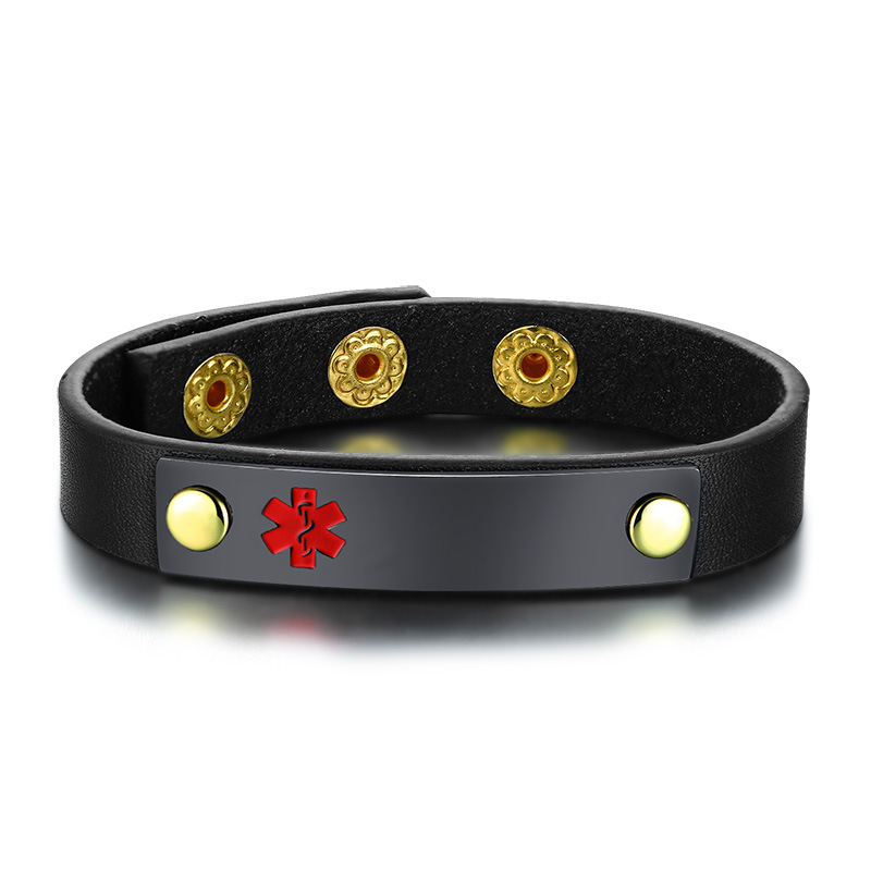 MECYLIFE Medical ID Stainless Steel Bar Leather Bracelet for MEN