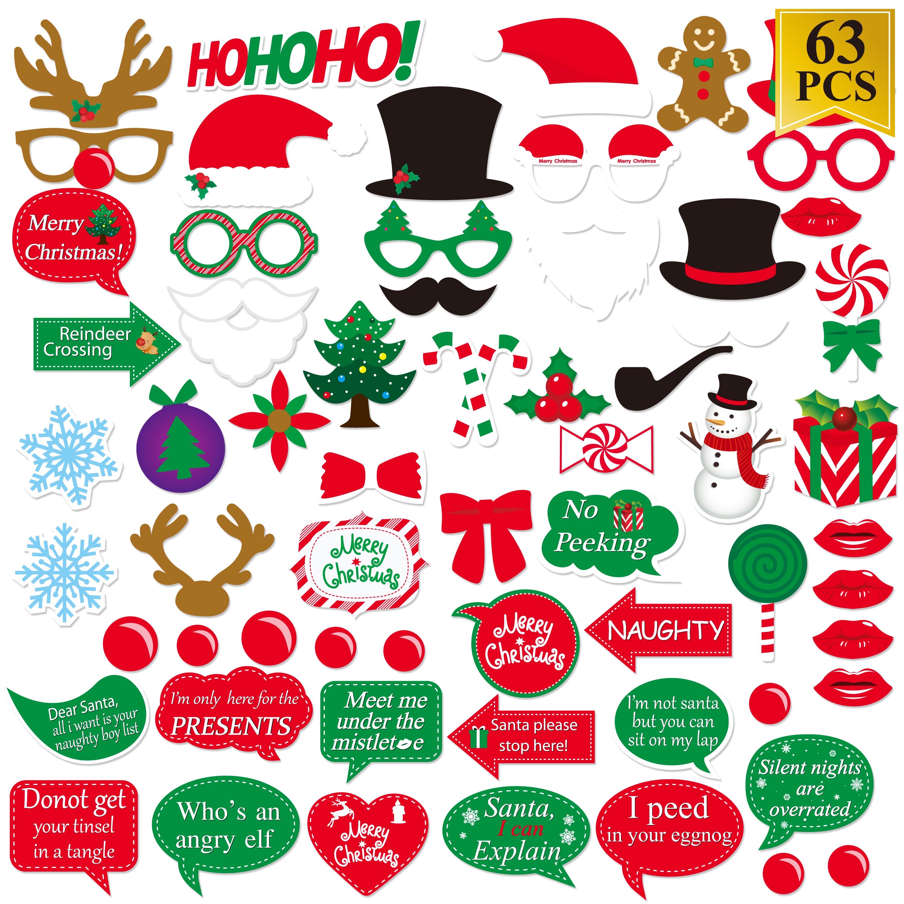 63pcs Photo Booth Props for Christmas Party Favors