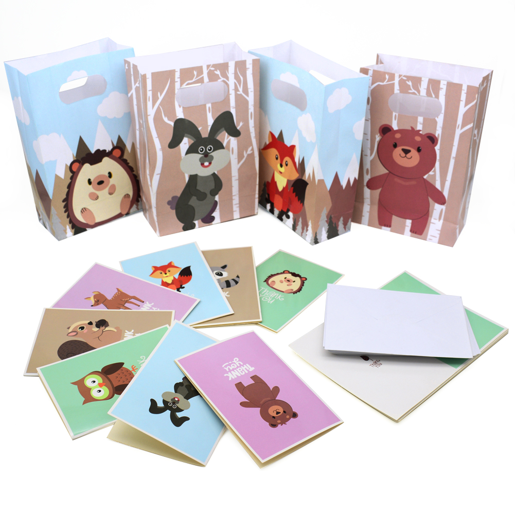 Forest animal themed paper bag and thank you card