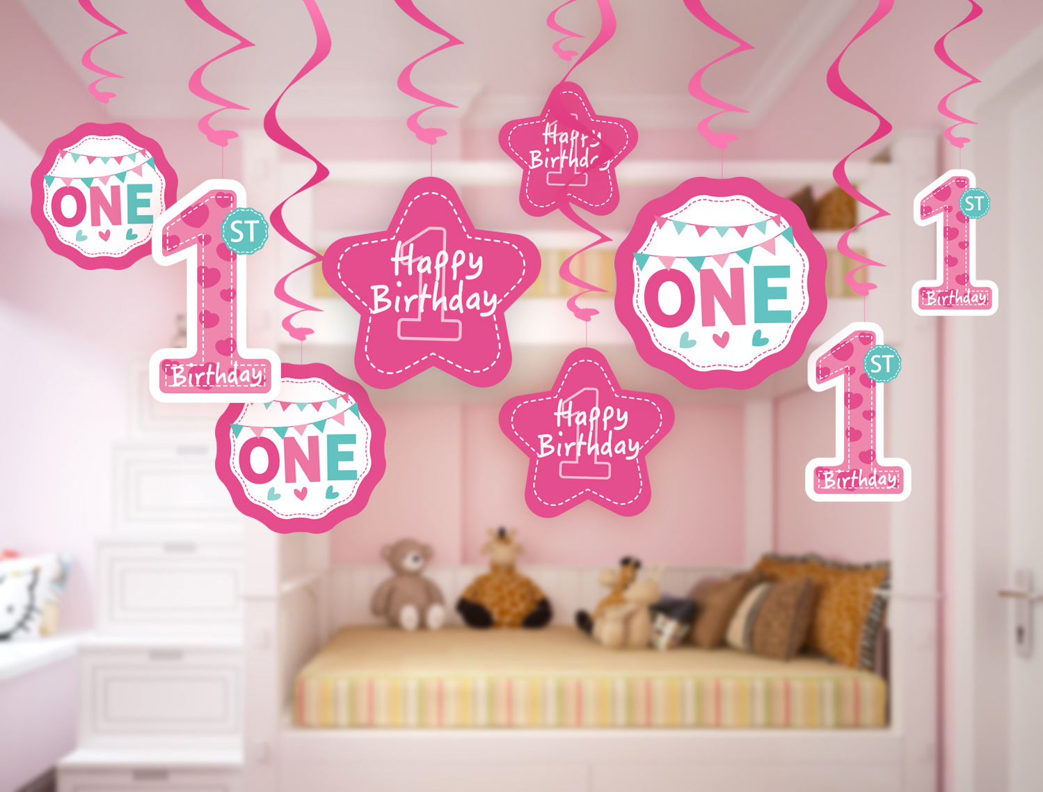 1st Birthday Party Swirl Hanging Decoration for Girl