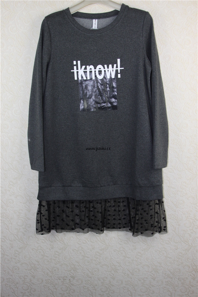 AMLW17553[爱宝]印图下脚拼蕾丝中长上衣