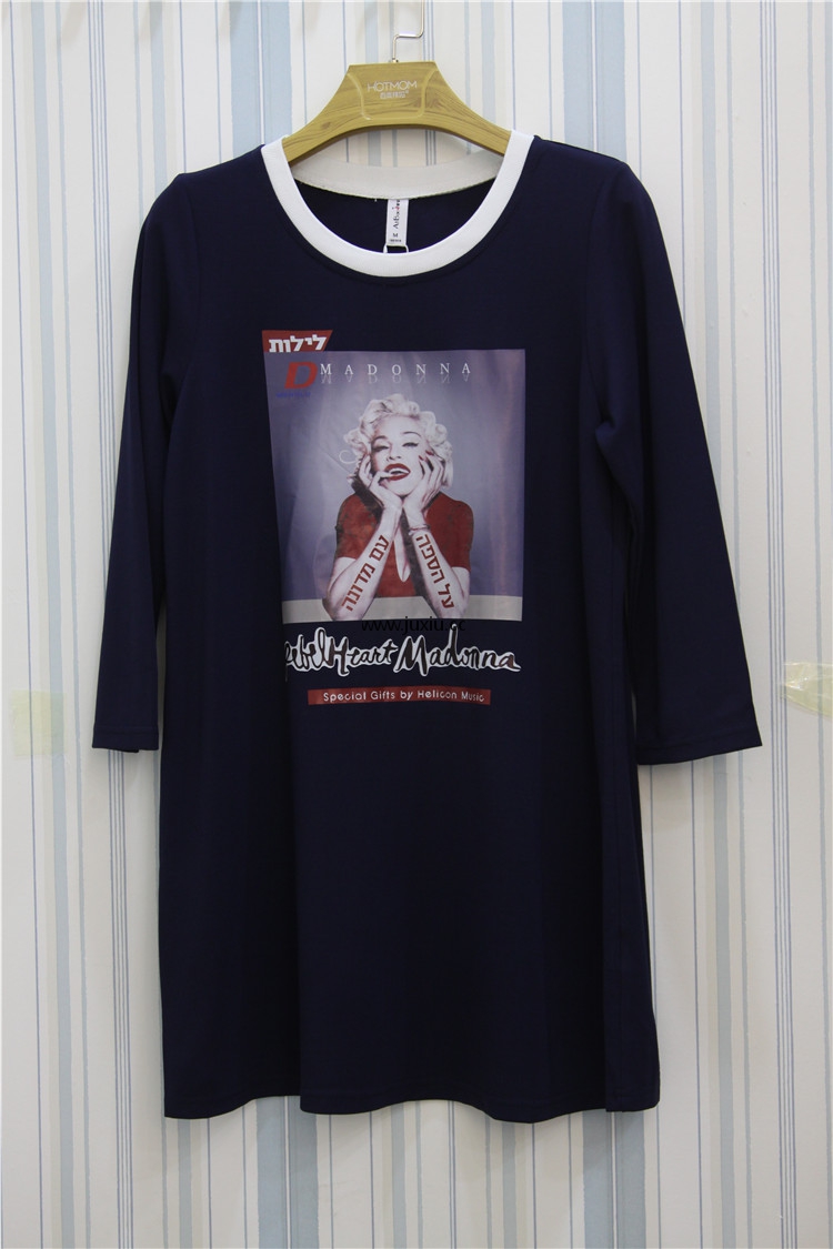 AMLS18001爱宝罗文领撞色贴图七分袖中长上衣