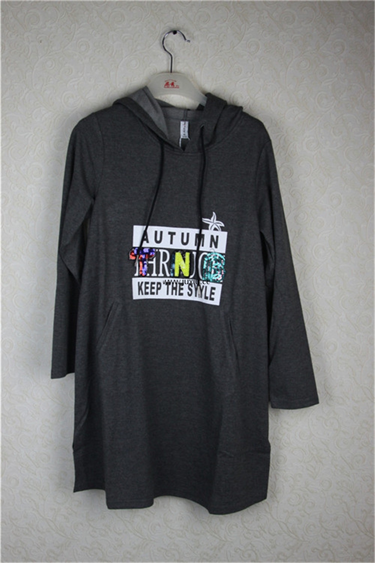 AMLW17556[爱宝]连帽下脚开叉钉珠中长上衣