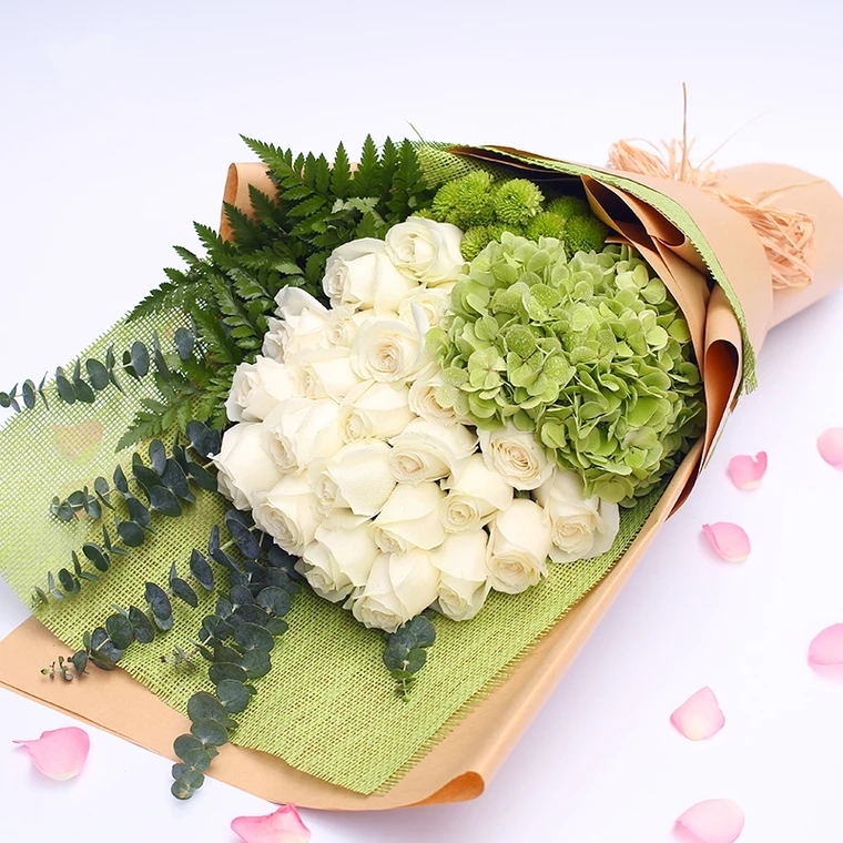 幸福相依-28朵白玫瑰花+绿绣