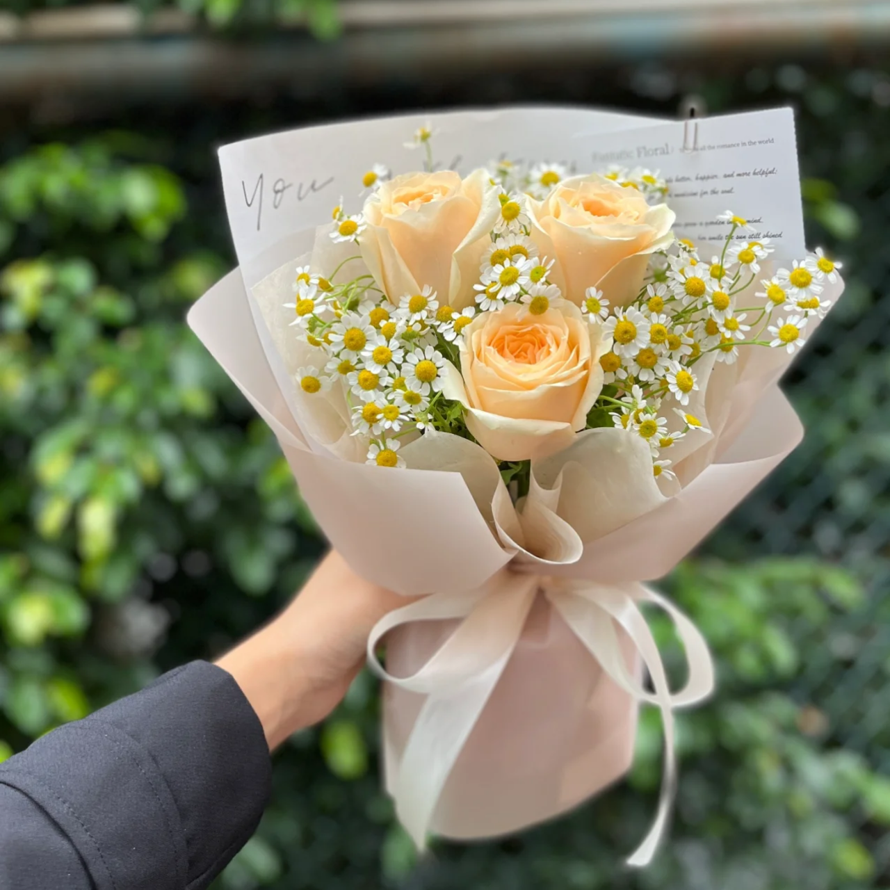 诗意人生3朵香槟玫瑰花+洋甘菊精美花束包装