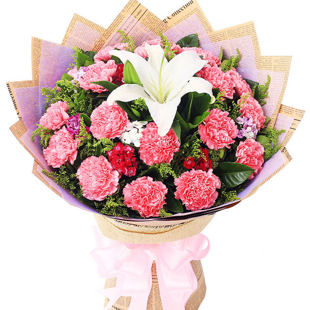 美丽至上-19朵粉康乃馨+3朵香水白色百合花+配花精美包装