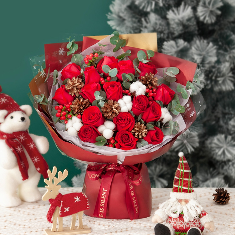 诞愿是你/16朵红玫瑰花搭配棉