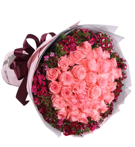 眷念/33朵戴安娜玫瑰花配石竹