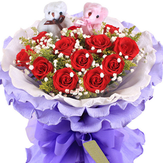 感激/11朵红玫瑰花配满天星+2个小熊精美花束包装