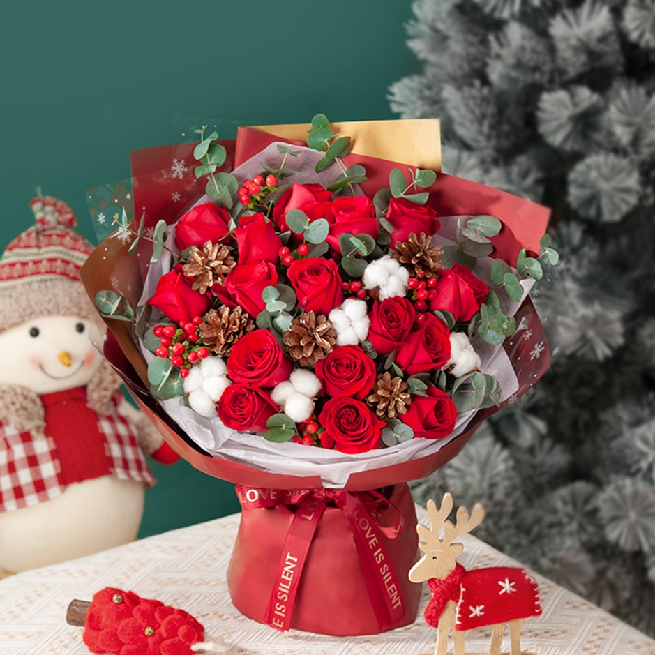 诞愿是你/16朵红玫瑰花搭配棉