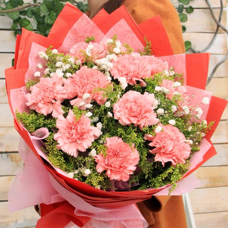 幸福典藏-11朵粉色康乃馨精美花束圆形包装