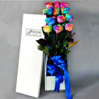 永恒爱情-12朵彩虹玫瑰花配精美蝴蝶结礼盒盛放