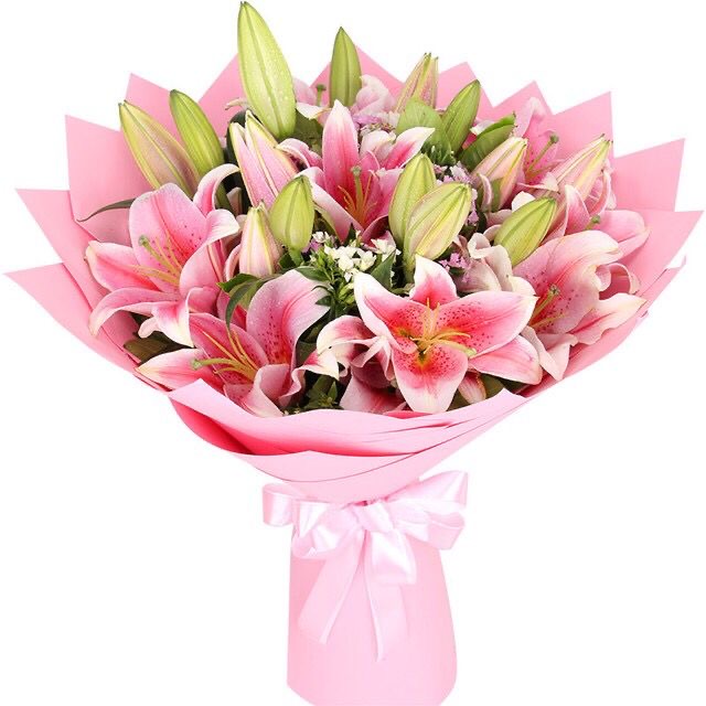 阳光灿烂-18朵粉色百合花精美