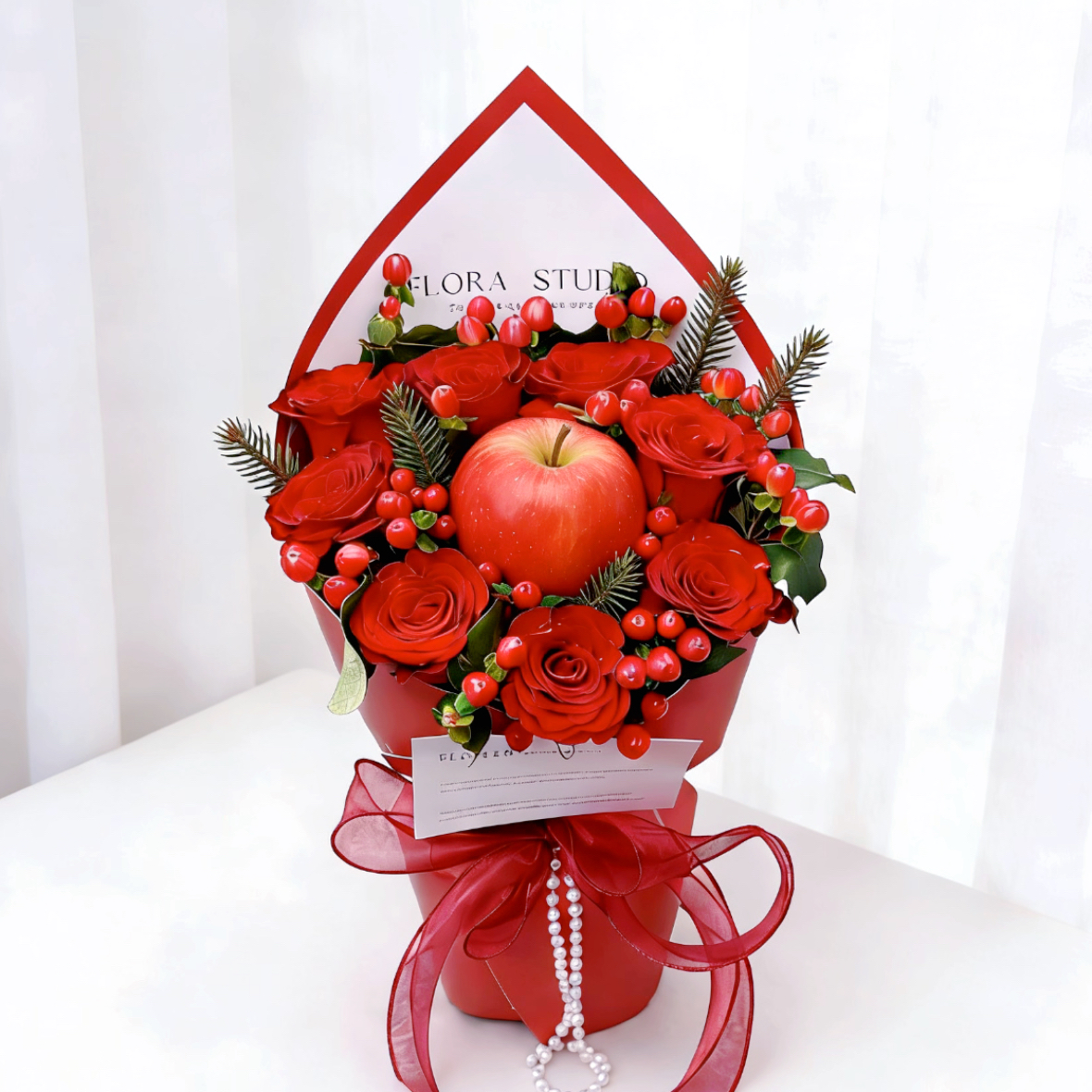 平安喜乐8朵红玫瑰配苹果和红豆