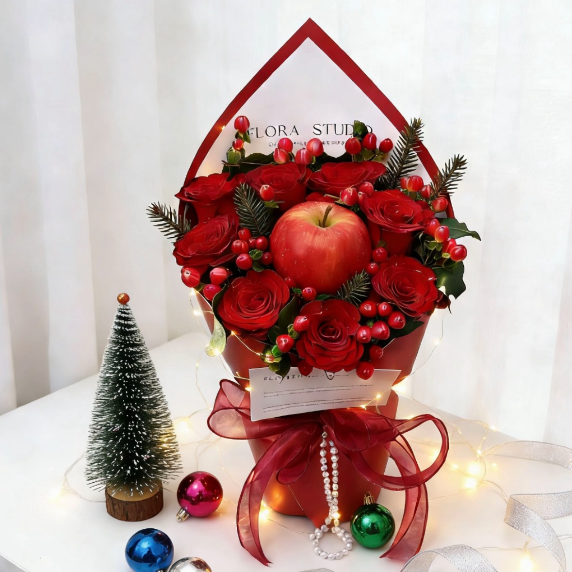 平安喜乐8朵红玫瑰配苹果和红豆