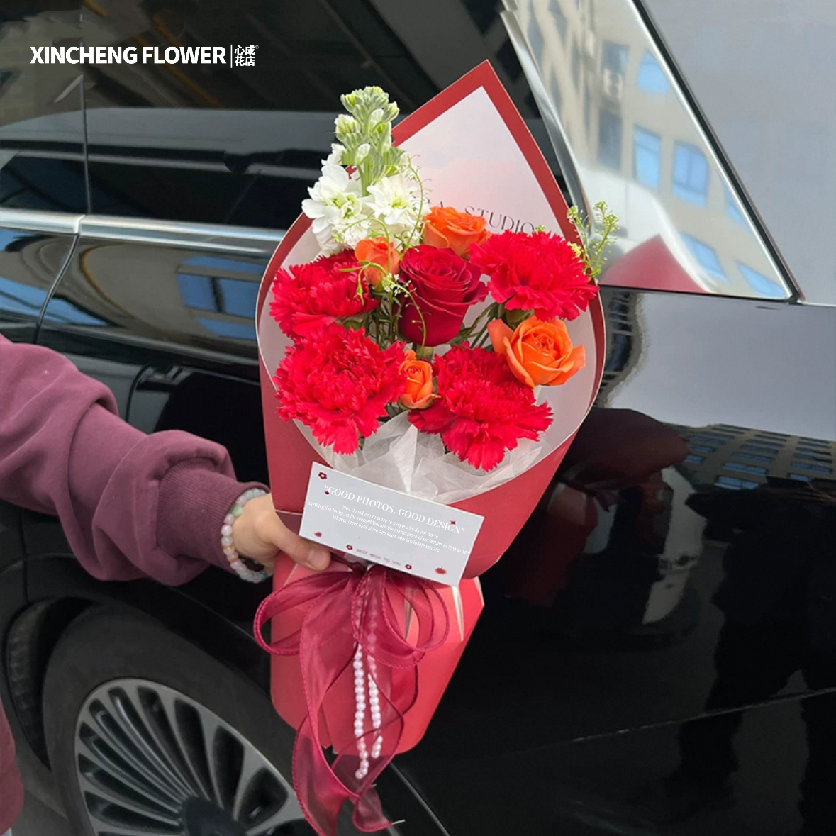 喜笑颜开/玫瑰花配康乃馨花束送老婆鲜花送妈妈长辈生日送朋友